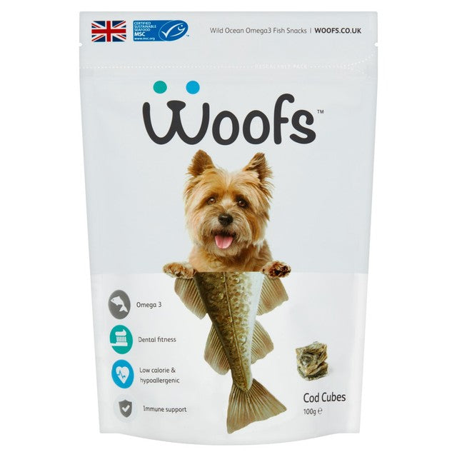 Woofs cod cubes dog treats 100g with 100% natural MSC fish (British brand)