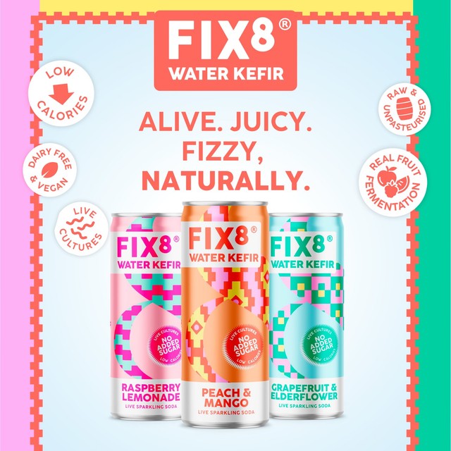 Fix8 water kefir peach mango sparkling drink (British brand)