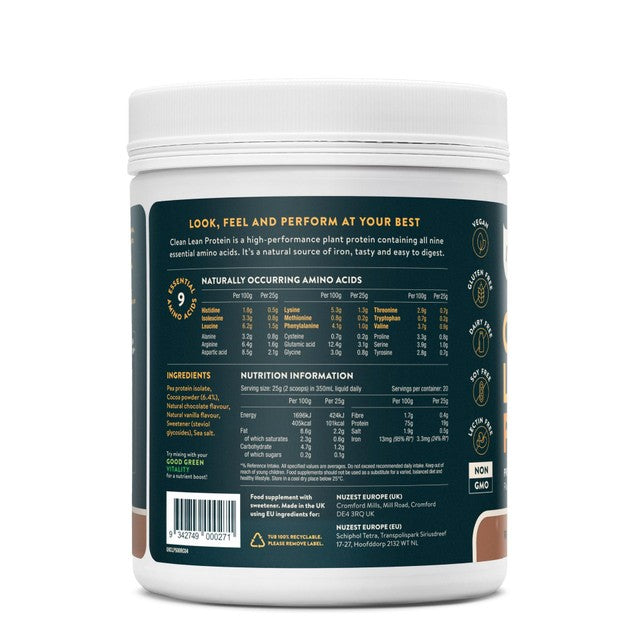 Nuzest rich chocolate flavoured plant-based protein powder, imported from the UK
