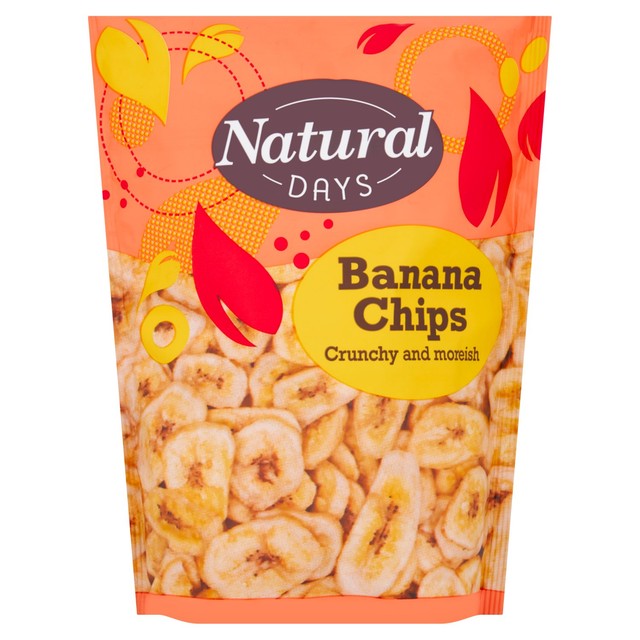 Natural Days sweetened fried banana chips 175g, imported from the UK