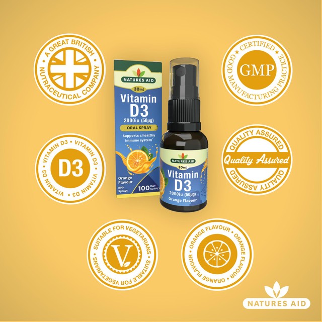 Natures Aid Vitamin D3 oral spray with orange flavour, 30ml, imported from the UK