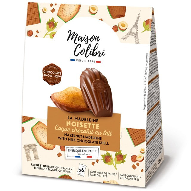 Maison Colibri hazelnut madeleine milk chocolate shell 156g, imported from the UK