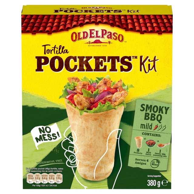 Old El Paso mild BBQ tortilla pocket kit 380g, imported from the UK