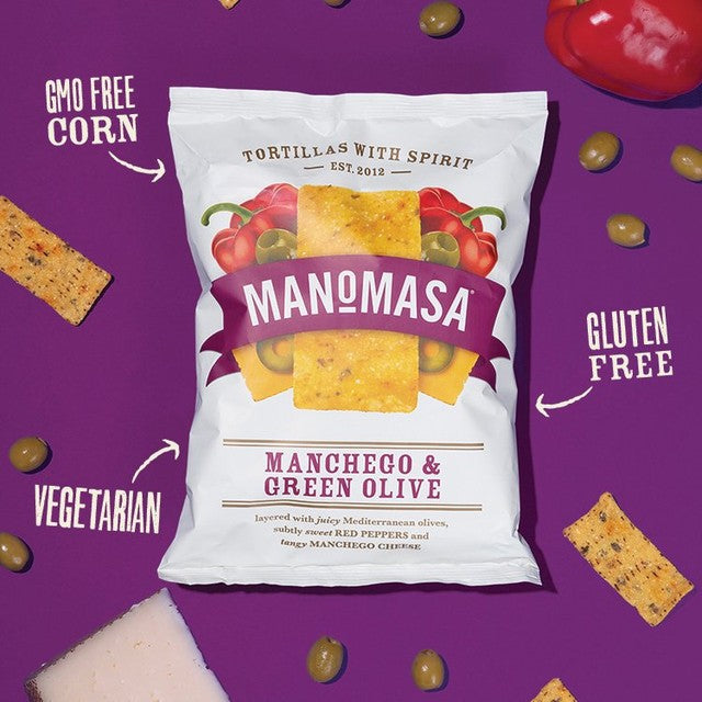 Manomasa Manchego and green olive tortilla chips 140g (British brand)