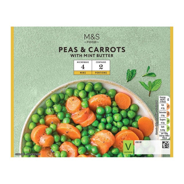 M&S peas and carrots with mint butter 300g, imported from the UK