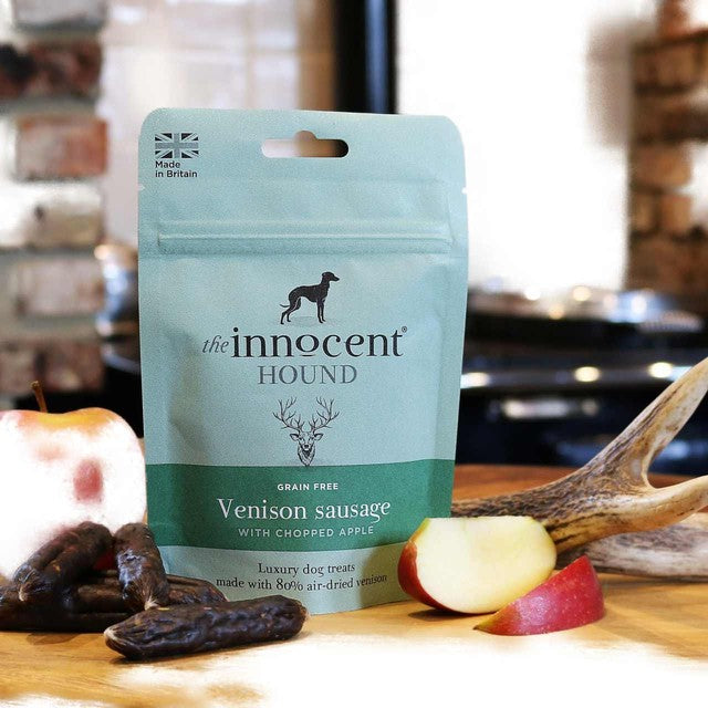 The Innocent Hound venison sausages with chopped apple dog treats (British brand)