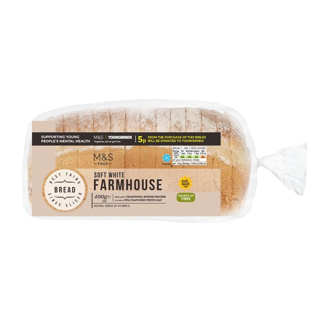 M&S soft white farmhouse bread loaf 400g, imported from the UK