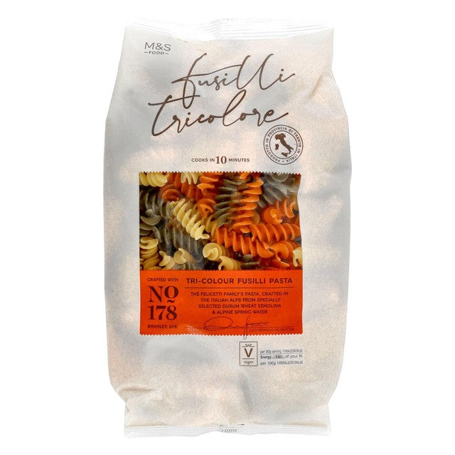 M&S tri-colour fusilli pasta 500g, imported from the UK