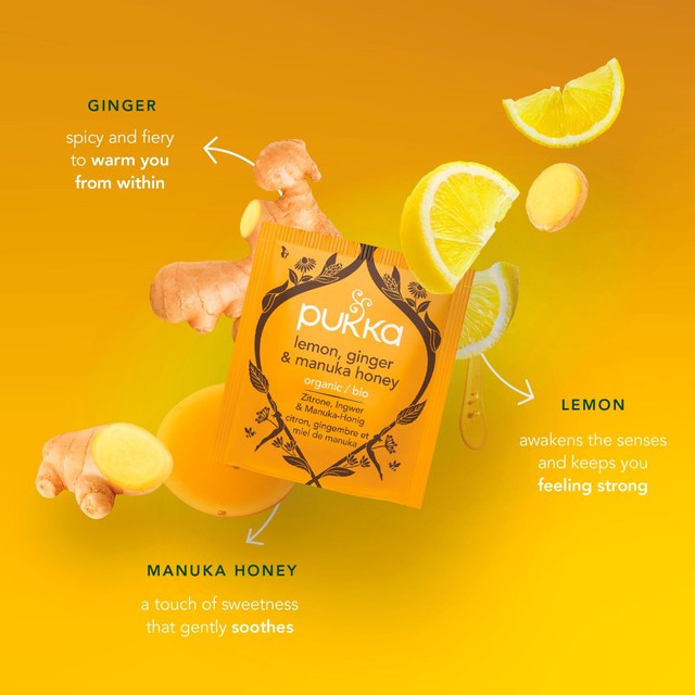 Pukka Herbs organic lemon ginger manuka honey herbal tea bags 40 pack, imported from the UK