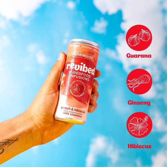 Revibed Peach Hibiscus Lightly Sparkling Water 250ml, imported from the UK