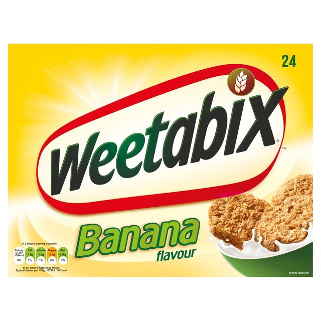 Weetabix banana flavour wholegrain wheat cereal biscuits (British brand)