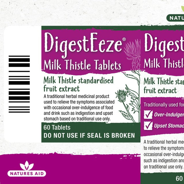 Natures Aid DigestEze milk thistle over-indulgence relief tablets 60 tablets, imported from the UK