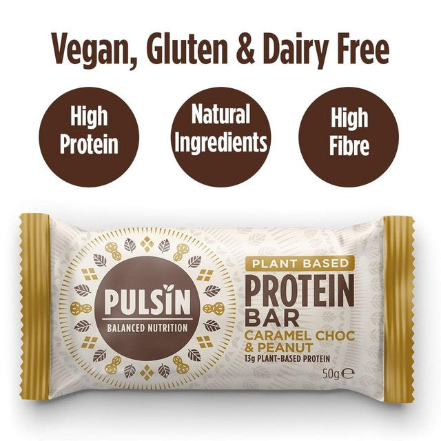 Pulsin caramel choc & peanut vegan protein bar 50g, imported from the UK