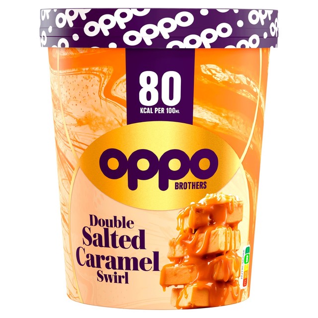 Oppo double salted caramel swirl ice cream 475ml, imported from the UK