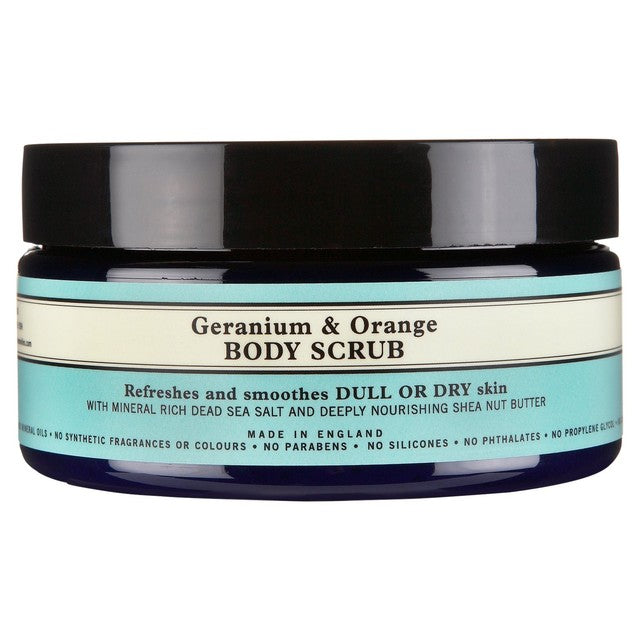 Neal's Yard Remedies geranium and orange body scrub 200g, imported from the UK