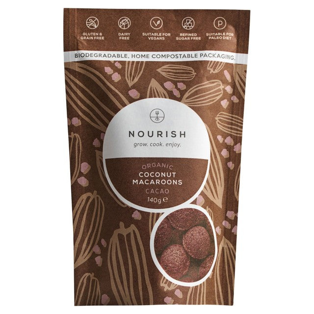 Nourish Organic Cacao Coconut Macaroons 140g, imported from the UK