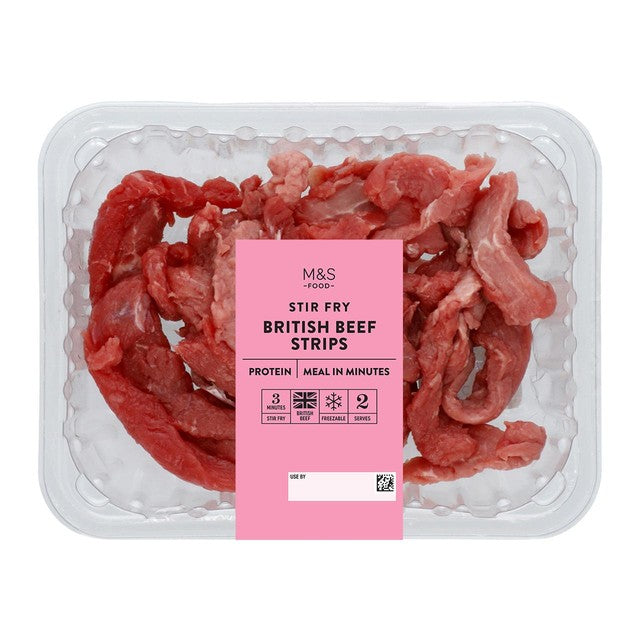M&S beef stir fry strips 250g, imported from the UK