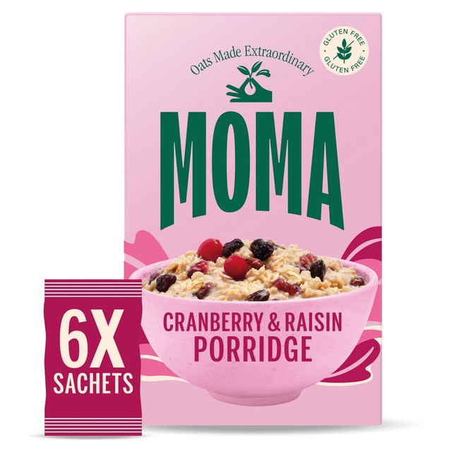 Moma cranberry raisin porridge sachets 6x40g, imported from the UK