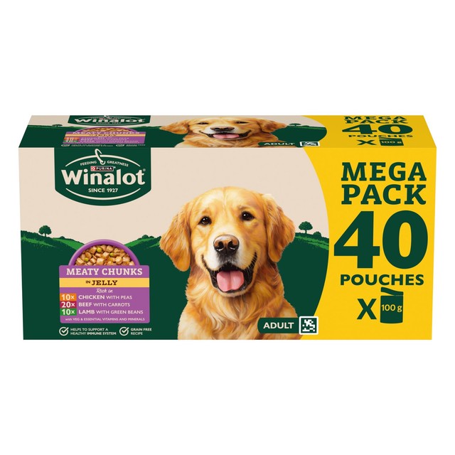 Winalot Meaty Chunks wet dog food pouches, imported from the UK