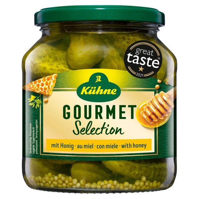 Kuhne gourmet gherkins with honey jar, UK version