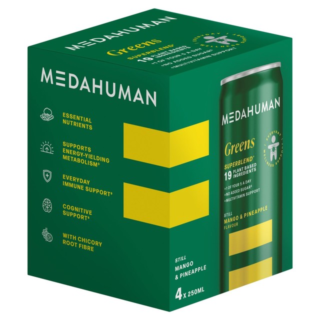 Medahuman Greens Superblend mango and pineapple wellness drink (British brand)
