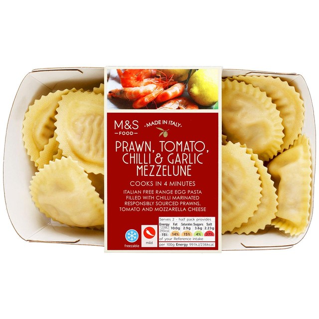 M&S Mezzelune prawn pasta 250g, imported from the UK
