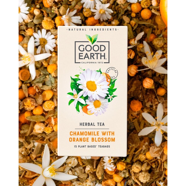 Good Earth camomile and orange blossom teabags, imported from the UK