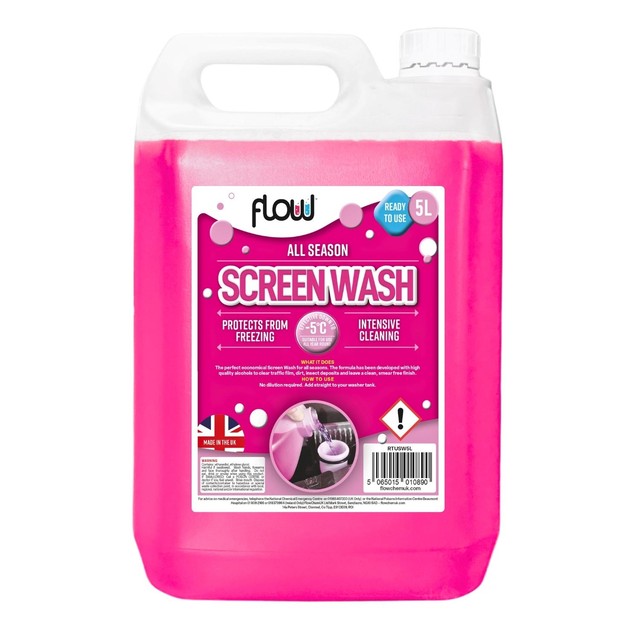 Flow pink screen wash 5L ready-to-use bottle, imported from the UK