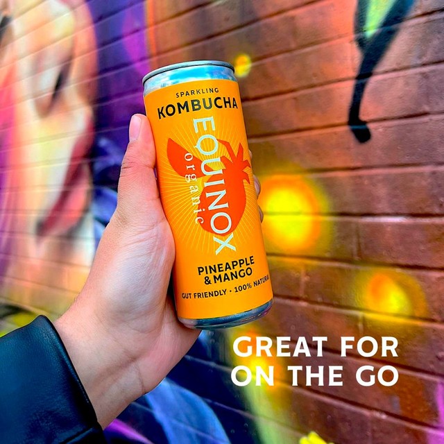 Equinox organic pineapple mango kombucha can, imported from the UK