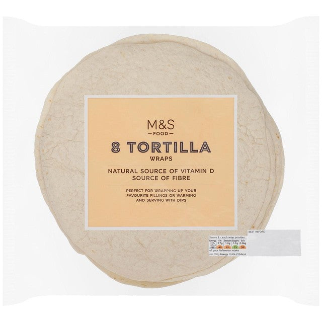 M&S plain wheat soft tortilla wraps 8 x 62g, imported from the UK