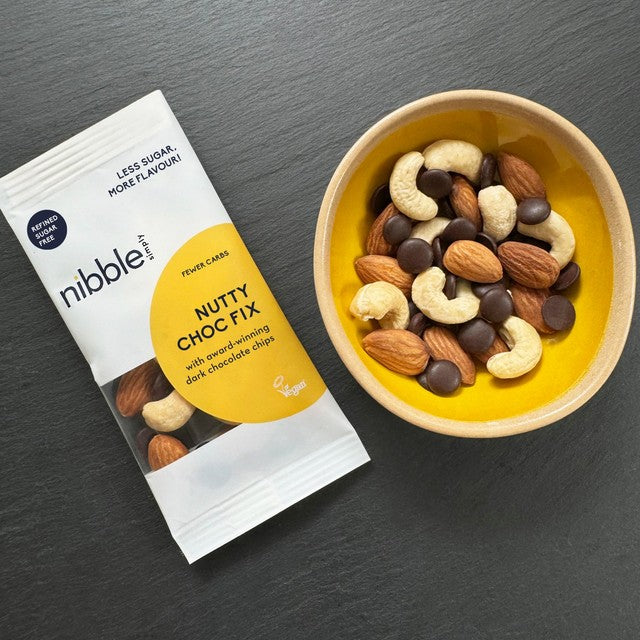Nibble Simply Nutty Choc Fix trail mix 32g, imported from the UK