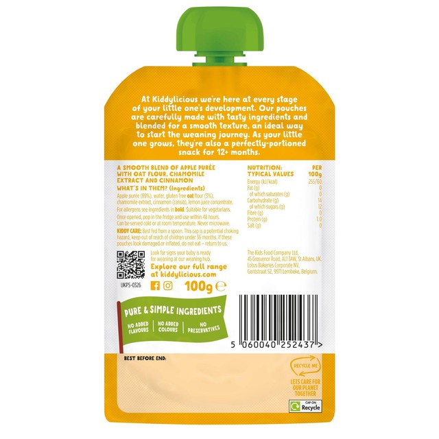 Kiddylicious apple oat chamomile baby food pouch 100g, UK version