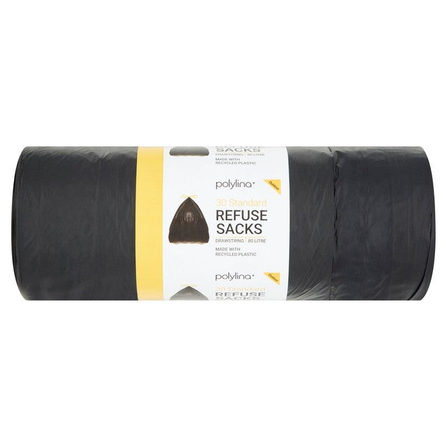 Polylina drawstring refuse sacks 80L, imported from the UK