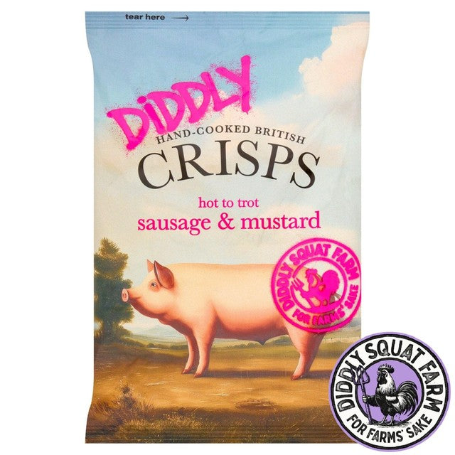Diddly Squat Farm sausage and mustard crisps, imported from the UK