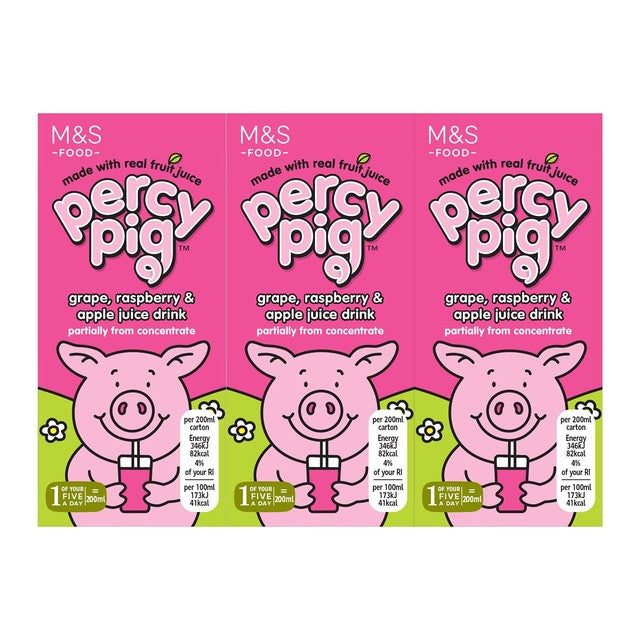 M&S Percy Pig grape raspberry apple juice drink 6x200ml, imported from the UK