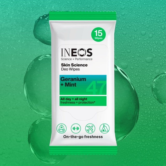 INEOS Deodorant Wipes Geranium Mint 15 Pack, UK version