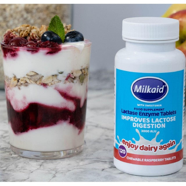 Milkaid raspberry flavour lactase chewable tablets 120 tablets, imported from the UK