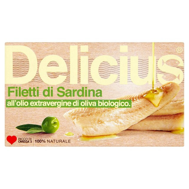 Delicius sardine fillets in organic extra virgin olive oil 90g - British product