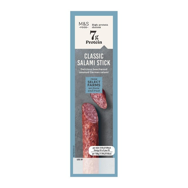 M&S beechwood smoked pepper salami stick 25g, imported from the UK