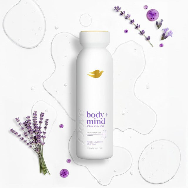 Dove Body and Mind French Lavender and Oat Milk body wash, imported from the UK