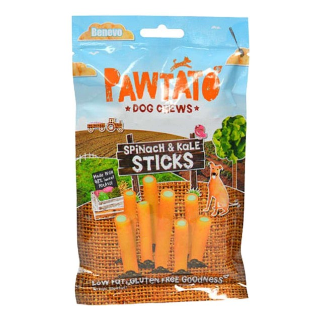 Benevo Pawtato Spinach & Kale Sticks vegan dog treats 120g, imported from the UK