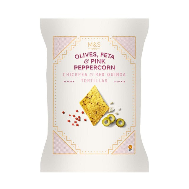 M&S olives, feta and pink peppercorn tortilla snacks 150g, imported from the UK