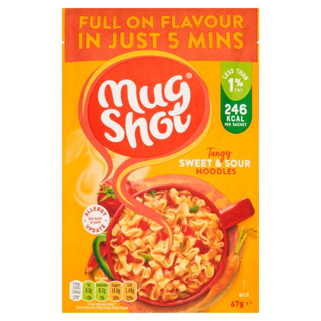 Mug Shot sweet and sour noodles sachet 67g, imported from the UK