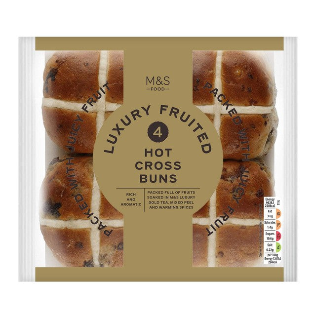 M&S luxury fruited hot cross buns 4 pack, imported from the UK