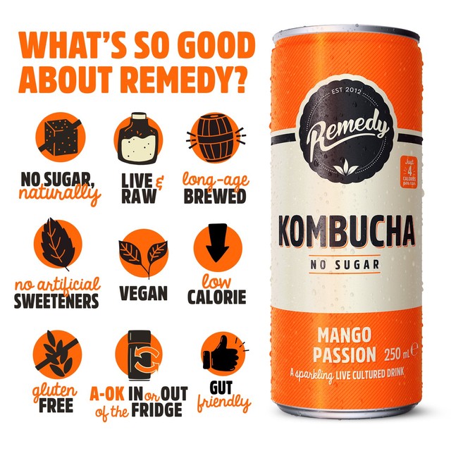 Remedy kombucha Mango Passion 4 x 330ml, imported from the UK