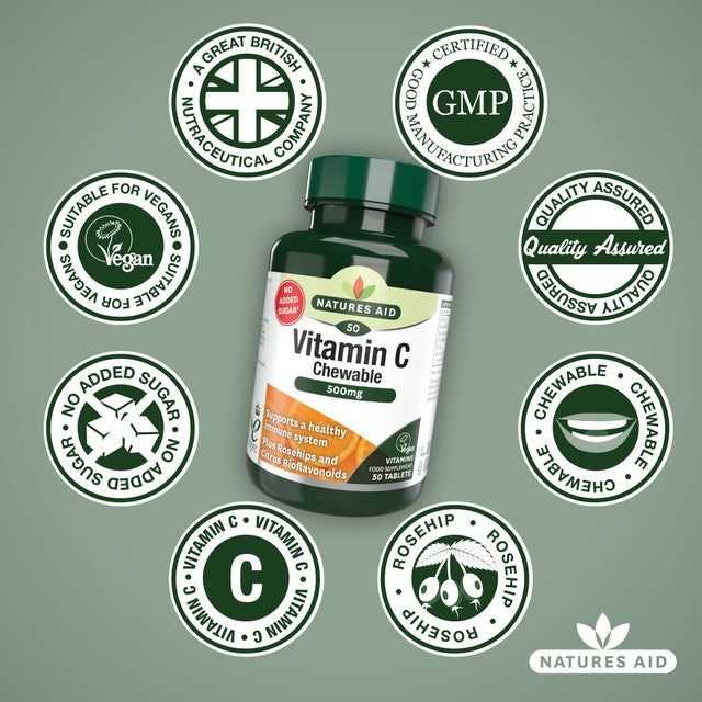 Natures Aid chewable Vitamin C tablets 500mg, imported from the UK