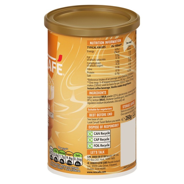 Nescafe Latte Vanilla Cookie Dough 260g, imported from the UK