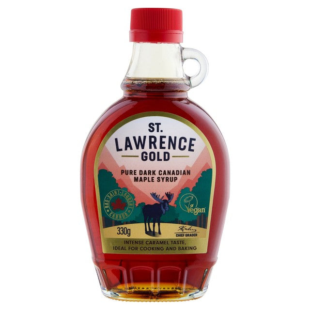St Lawrence dark robust taste maple syrup 330g bottle (British brand)