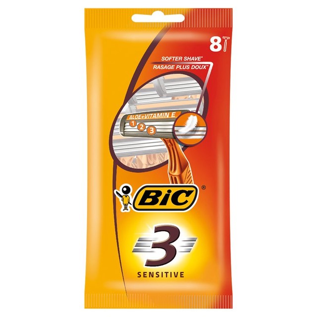 BIC 3 Men's Sensitive Disposable Razors 8 pack - British product