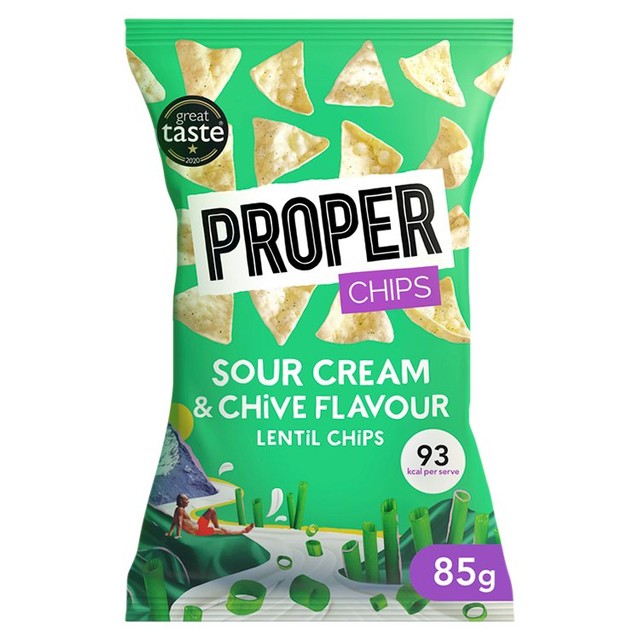 Properchips Sour Cream & Chive Lentil Chips 85g, imported from the UK
